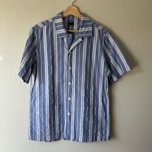 Todd Snyder Mens Blue White Striped Short Sleeve Camp Shirt Cotton Size M